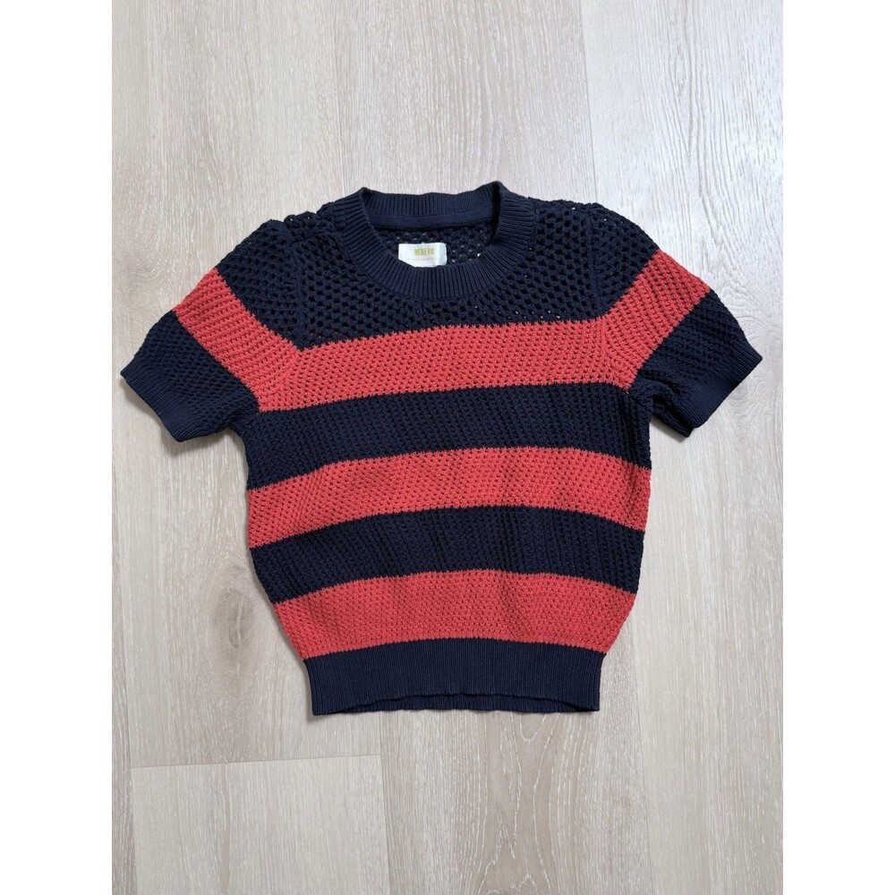 Anthropologie Maeve Open Knit Striped Sweater Top XS Red Navy Blue Short Sleeve - Picture 4 of 14
